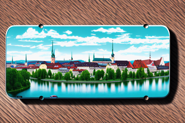 A car license plate with the iconic lech river and landsberg am lech's historic cityscape in the background