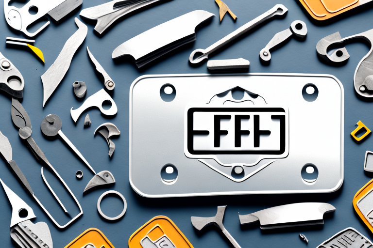 A car license plate being created with tools and materials scattered around