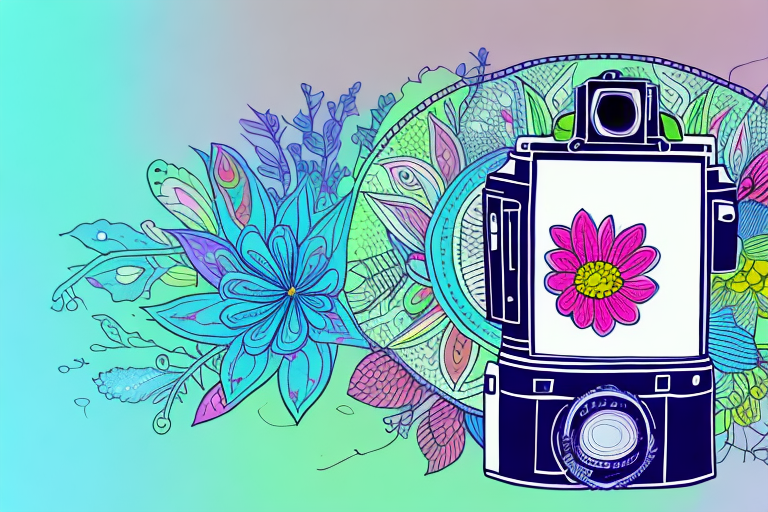 A camera focusing on a vibrant flower in the foreground