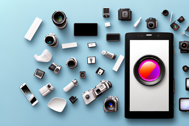 A smartphone surrounded by various photography-related icons such as a camera