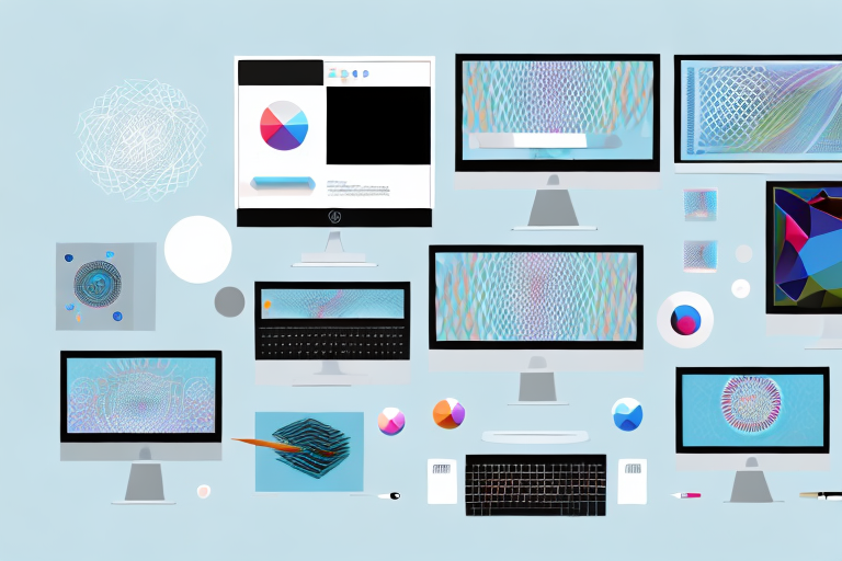Various computer screens displaying different graphic design tools and interfaces
