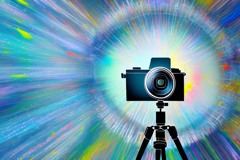 A camera on a tripod with various artistic elements like paint splashes