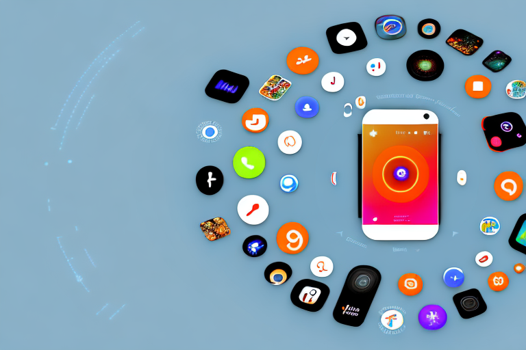 A smartphone surrounded by various app icons in a circular