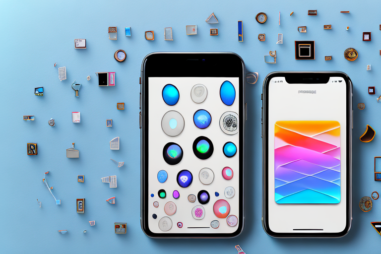 An iphone surrounded by various symbols representing photo editing tools like color palette