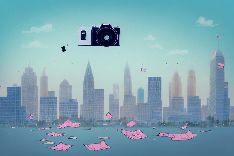 A camera focusing on a cityscape with a few empty clothes floating in the air
