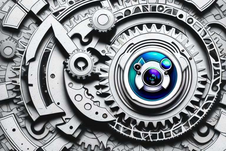 A symbolic representation of the instagram logo being manipulated by various tools such as gears