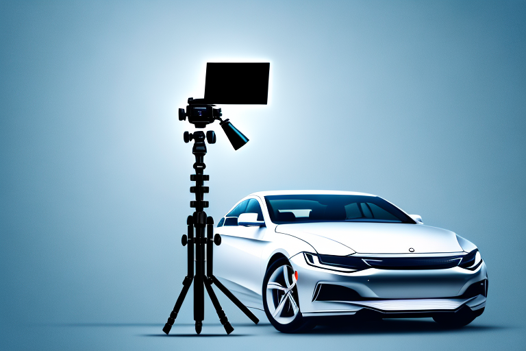 A camera on a tripod focused on a sleek car under dramatic lighting