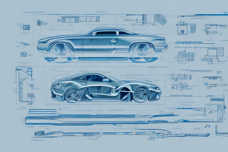 A car with various parts labeled in a schematic or blueprint style