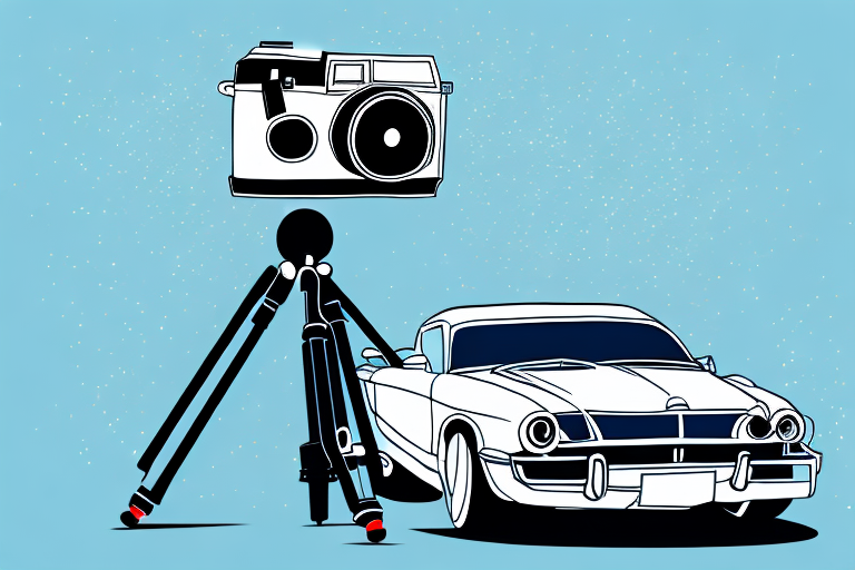 A camera on a tripod aimed at a stylish car parked on a picturesque street