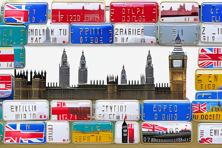 Various types of english car license plates on a background featuring iconic english landmarks such as the big ben and the london bridge