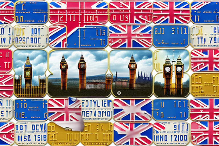 Various types of british license plates on a background featuring famous english landmarks