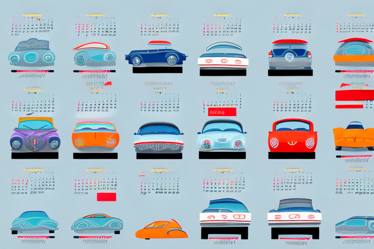 A calendar with different car symbols representing various seasons