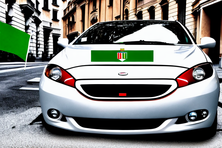 A car with an italian flag design parked in front of a government building