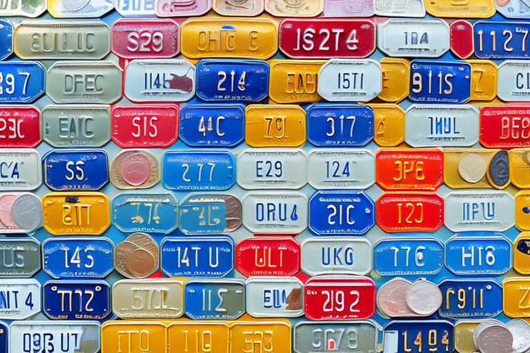 A variety of german license plates along with a scale and a few coins