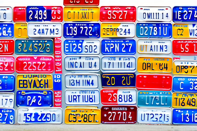 A variety of short license plates from different countries displayed on the back of various types of vehicles