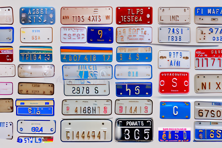 Various types of number plates displayed in a shop setting