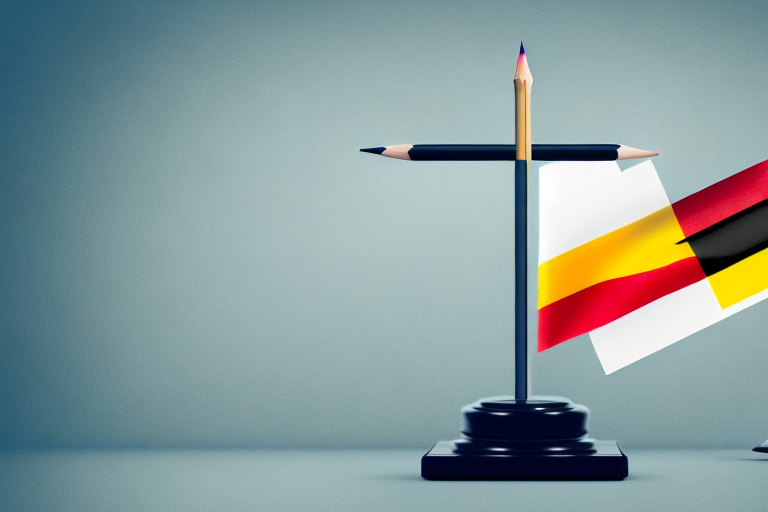 A balanced scale with a german flag on one side and a pencil on the other