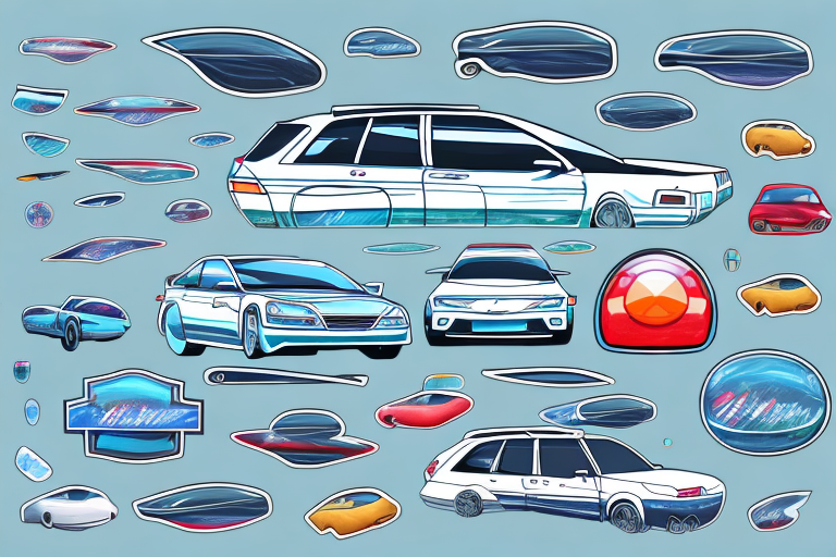 A car's windshield with various sizes and shapes of stickers attached to it