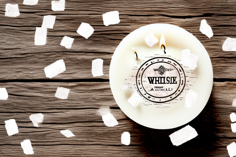 A white wax candle glowing softly on a rustic wooden table