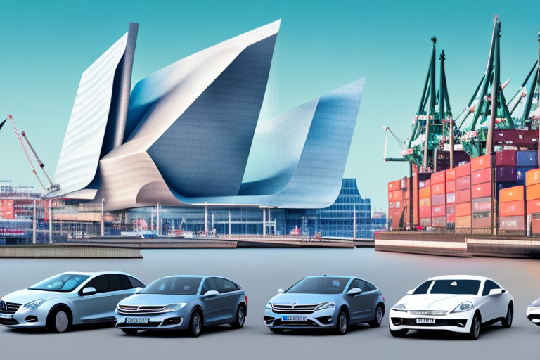 A diverse selection of european cars parked in front of the iconic hamburg port