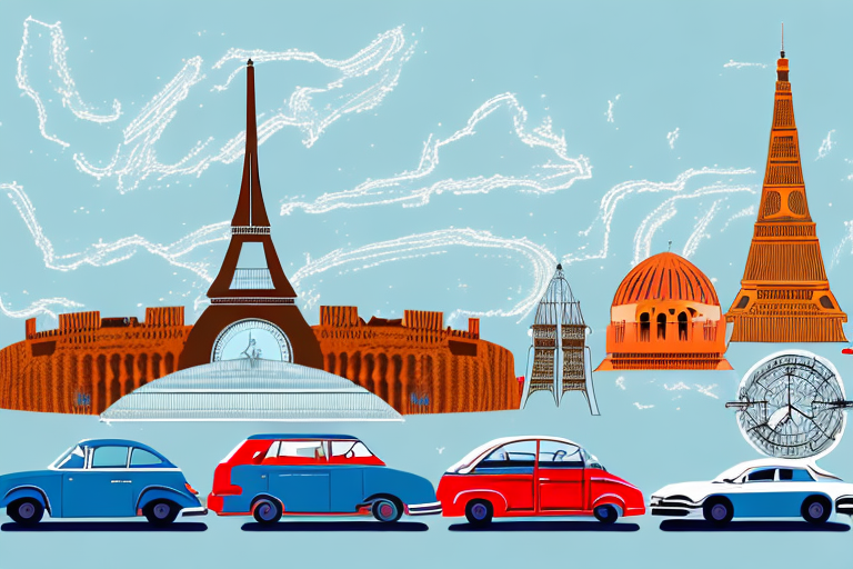 A european landscape with diverse iconic european cars parked in front of famous landmarks like the eiffel tower
