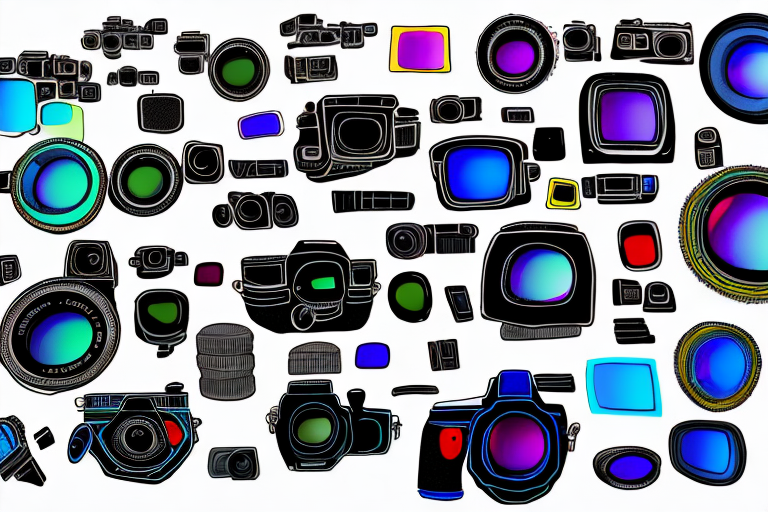Several different cameras with vibrant color filters overlaying the lenses