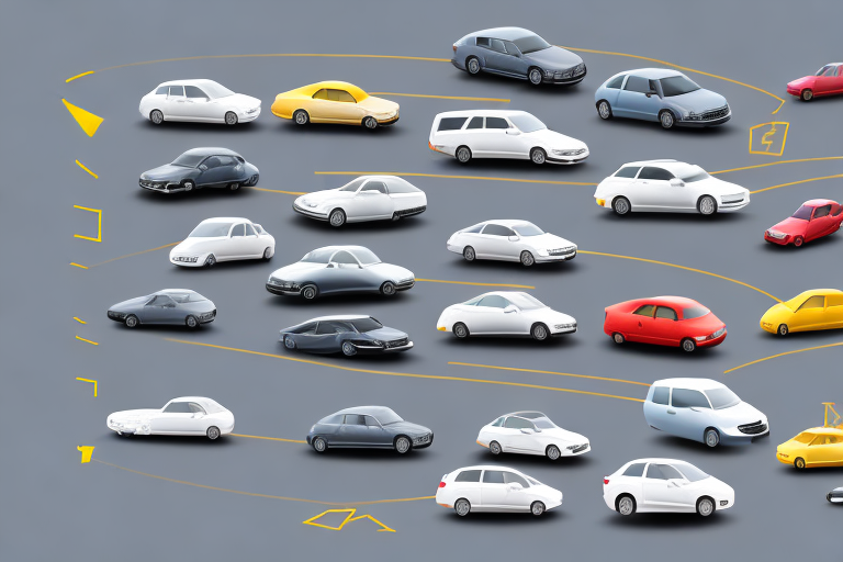 Various types of used cars on a road that is shaped like a line graph