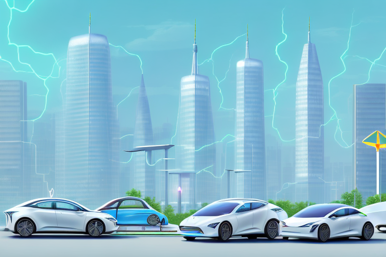 A cityscape of the future with electric cars and charging stations