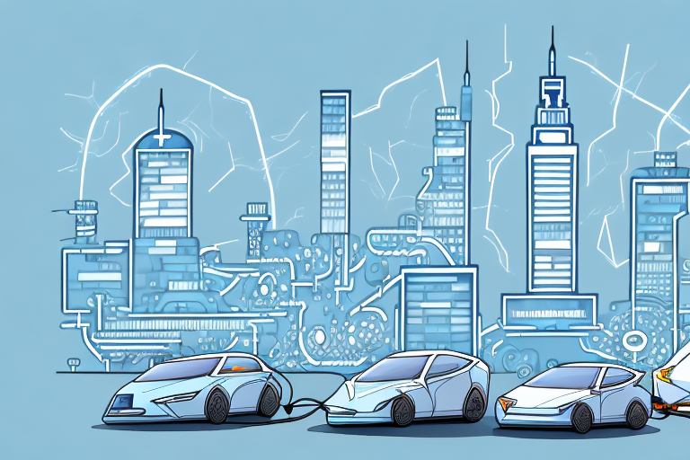 A cityscape with electric cars on the road