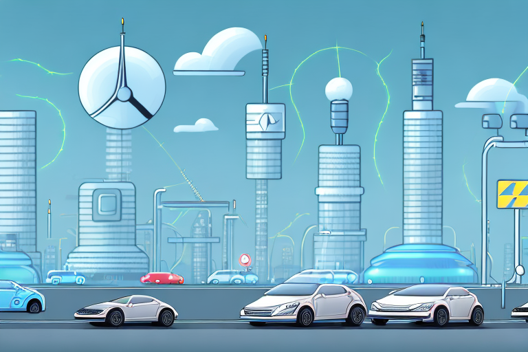 A cityscape with electric vehicles on the road and charging stations replacing gas stations