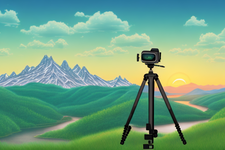 A camera on a tripod positioned on a hilltop