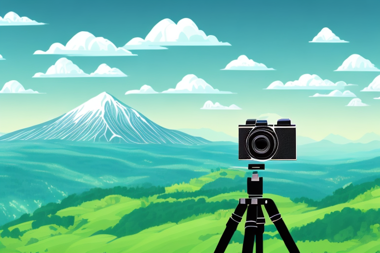 A camera on a tripod overlooking a scenic landscape