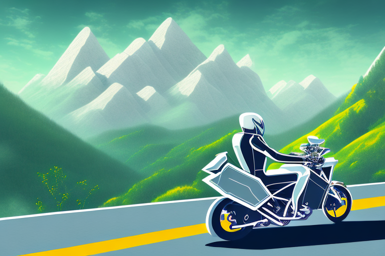 A dynamic motorcycle on a scenic mountain road