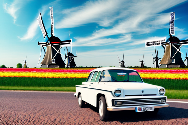 A classic oldtimer car parked on a traditional dutch street with windmills and tulip fields in the background