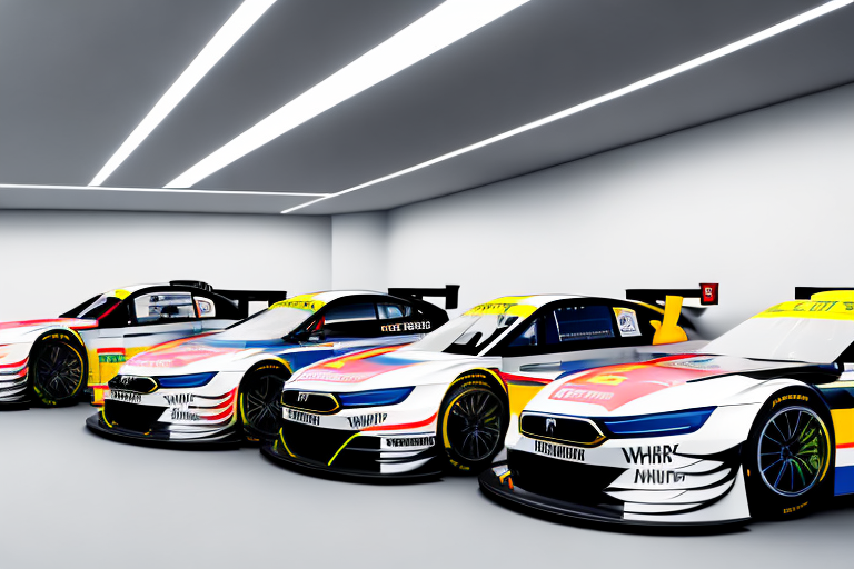 A variety of high-performance dtm (deutsche tourenwagen masters) race cars displayed in a sleek and modern showroom