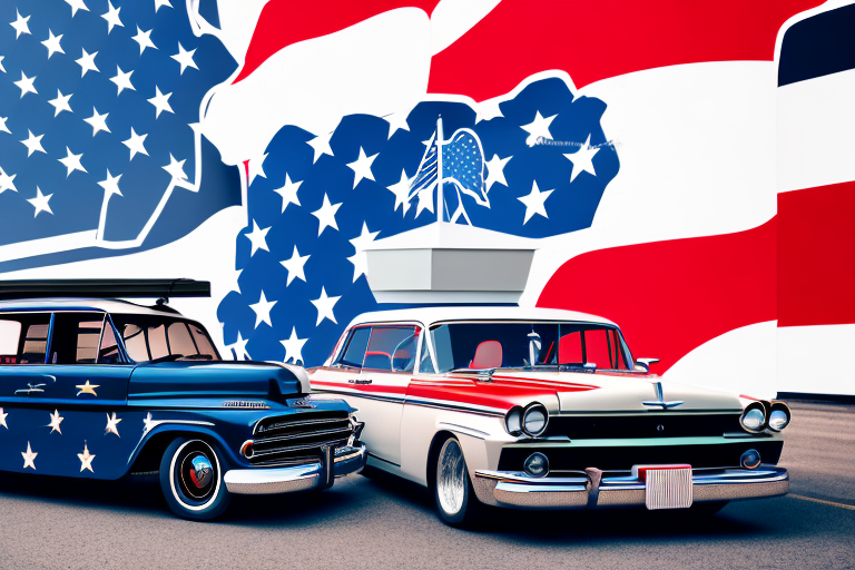 A classic american car on a shipping container with recognizable american and german flags in the background