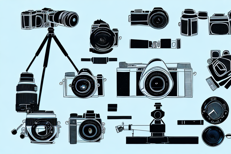 A camera on a tripod with various photography equipment like lenses
