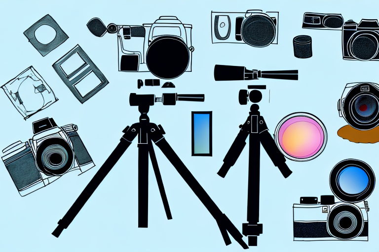 A camera on a tripod with various photography equipment such as a lens