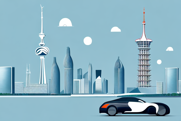 A sleek car with düsseldorf's iconic landmarks like the rhine tower and the gehry buildings in the background