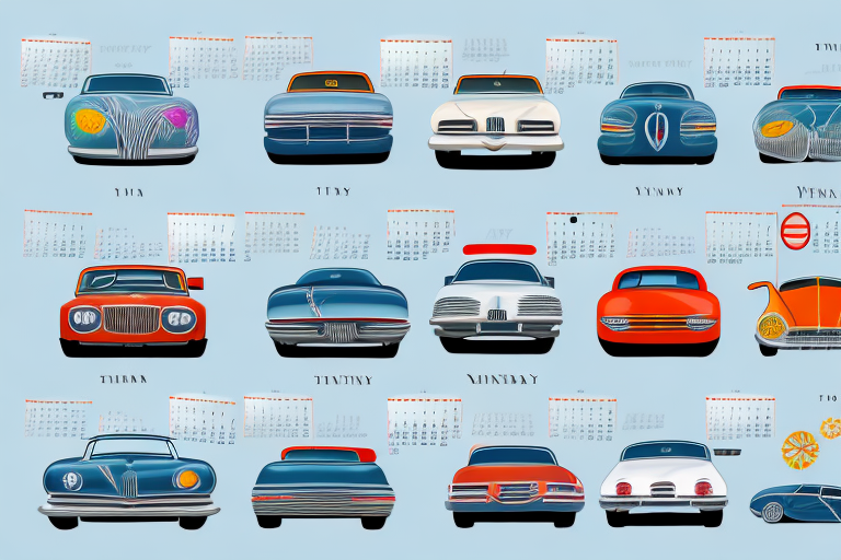 A calendar with different car symbols representing various seasons
