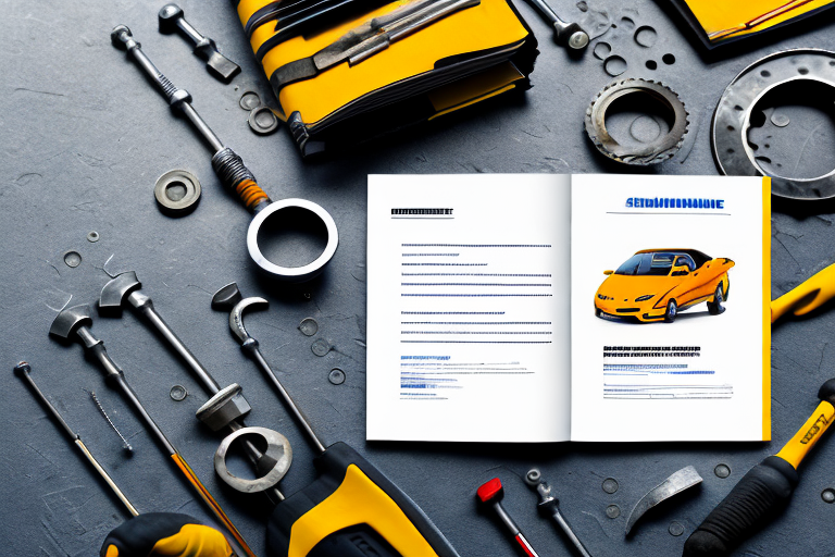 A car maintenance booklet (scheckheft) next to a set of mechanic tools on a garage workbench