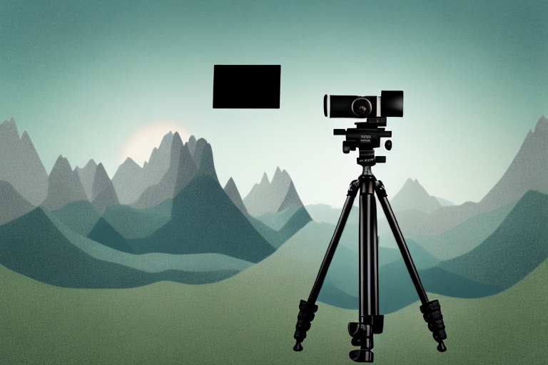A camera on a tripod with a picturesque landscape in the background
