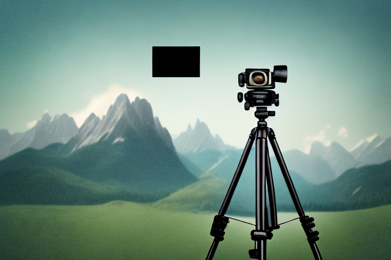 A camera on a tripod with a beautiful landscape in the background