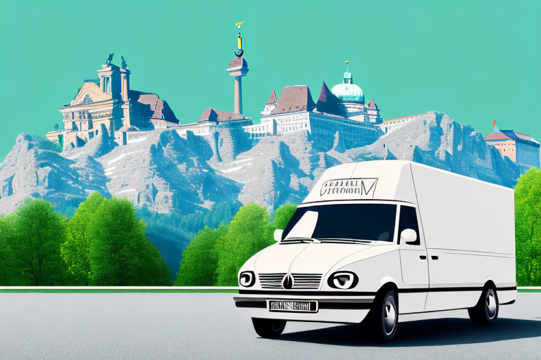 A moving van on a road leading from a german landscape with recognizable landmarks like the brandenburg gate