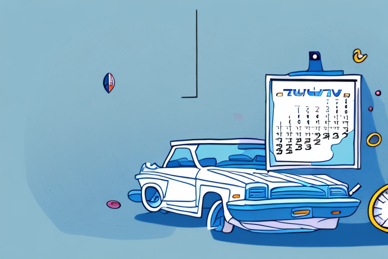 A car with a tüv sticker on the windshield and a calendar in the background showing a two-year span