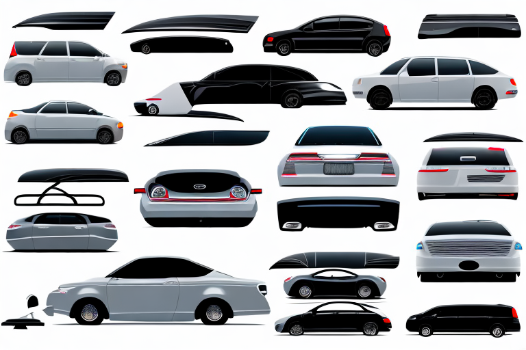 Several different types of car spoilers showcased on the back of various car models